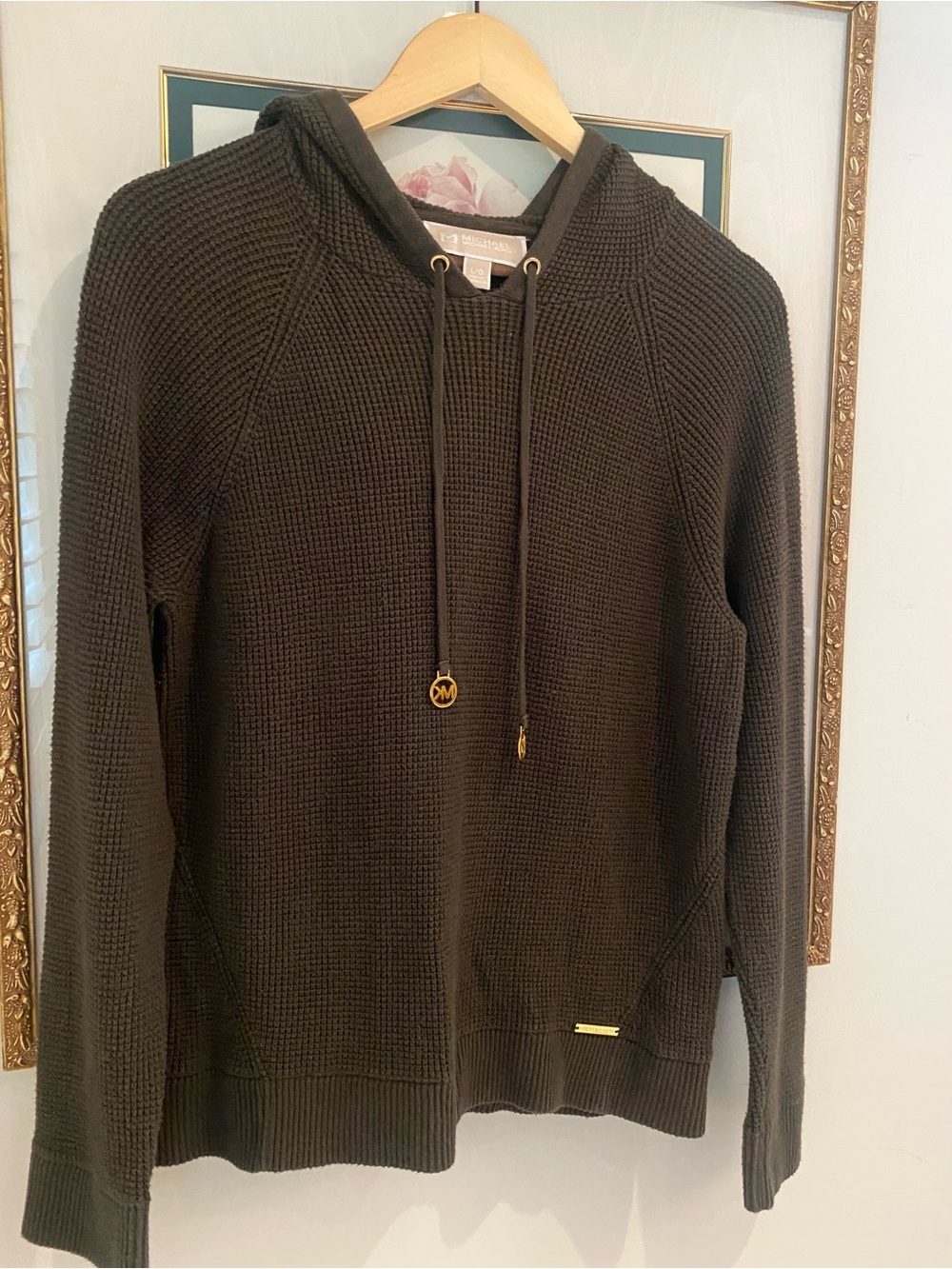 Michael Kors Olive Waffle-Knit Hooded Sweater with Gold Accents